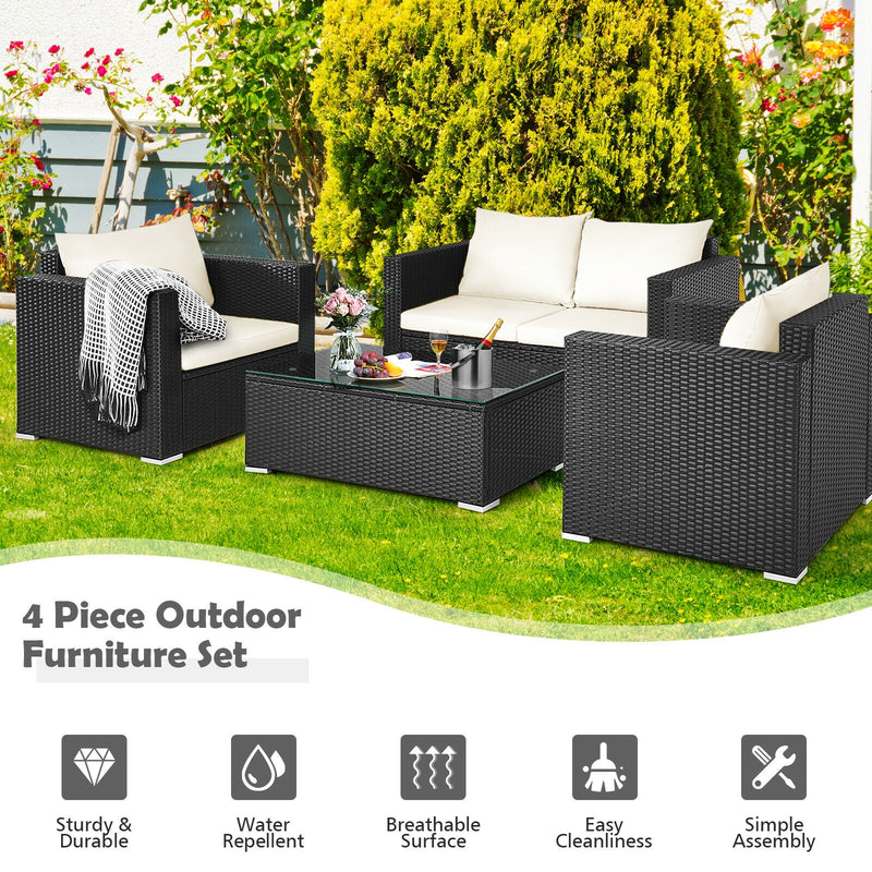 4 Pieces Patio Rattan Cushioned Furniture Set-White