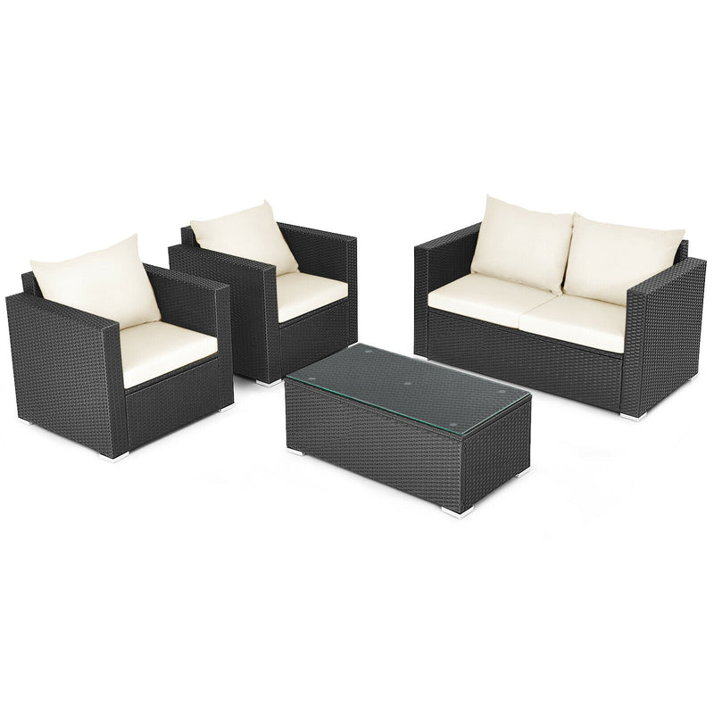 4 Pieces Patio Rattan Cushioned Furniture Set-White