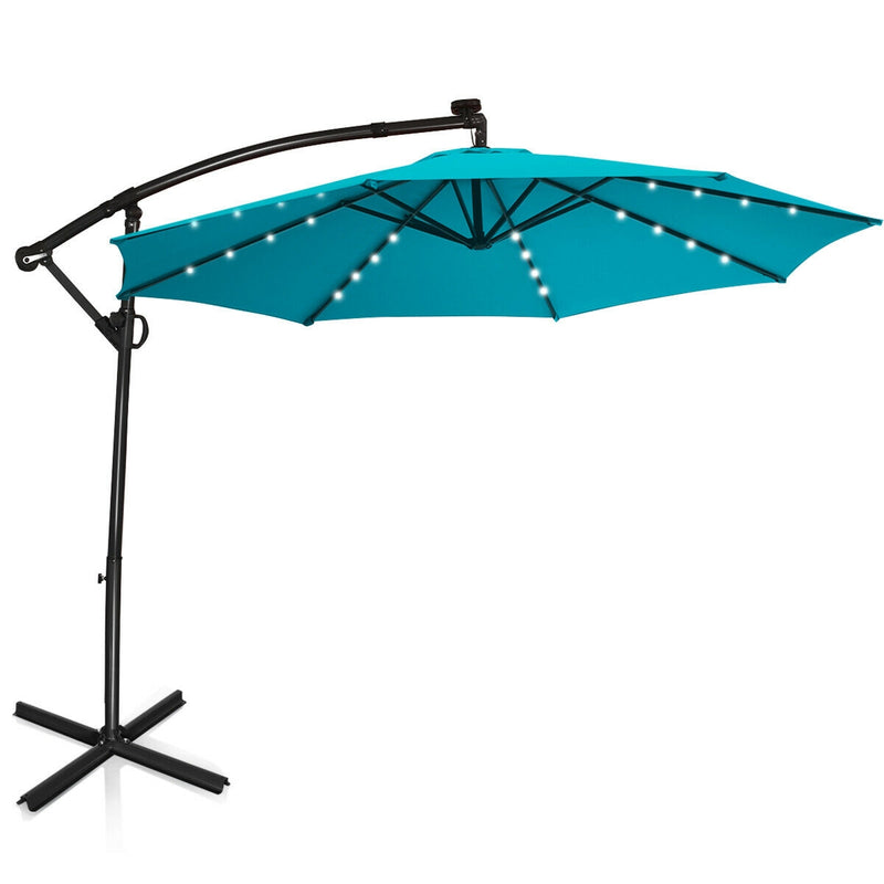 10 ft 360° Rotation Solar Powered LED Patio Offset Umbrella without Weight Base-Turquoise