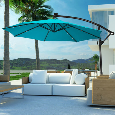 10 ft 360° Rotation Solar Powered LED Patio Offset Umbrella without Weight Base-Turquoise