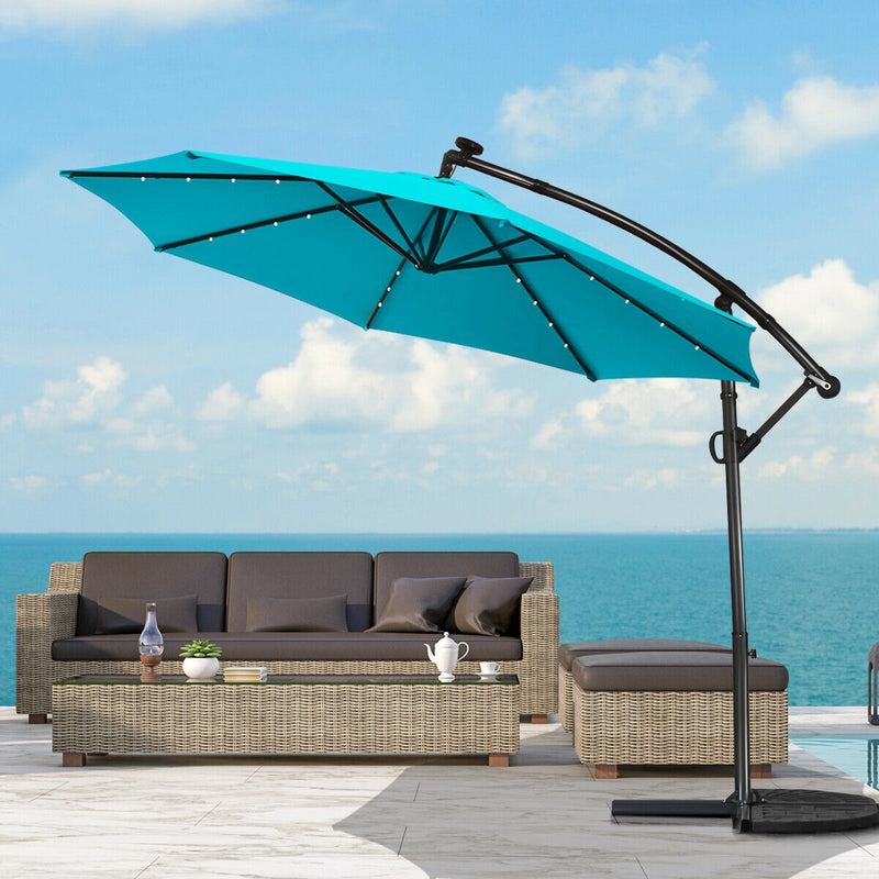 10 ft 360° Rotation Solar Powered LED Patio Offset Umbrella without Weight Base-Turquoise