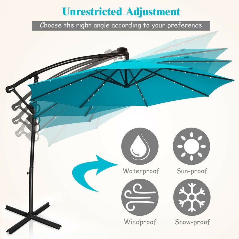 10 ft 360° Rotation Solar Powered LED Patio Offset Umbrella without Weight Base-Turquoise