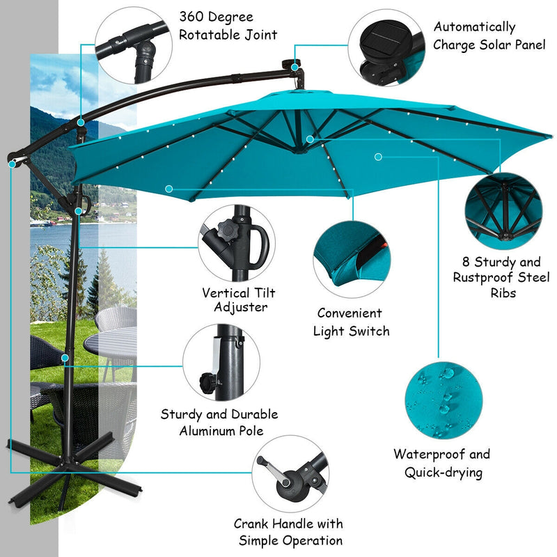 10 ft 360° Rotation Solar Powered LED Patio Offset Umbrella without Weight Base-Turquoise