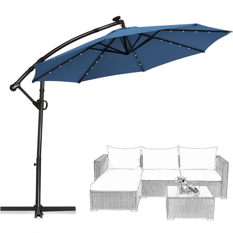 10 ft 360° Rotation Solar Powered LED Patio Offset Umbrella without Weight Base-Blue