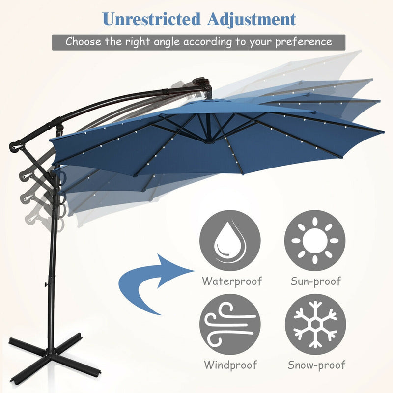 10 ft 360° Rotation Solar Powered LED Patio Offset Umbrella without Weight Base-Blue