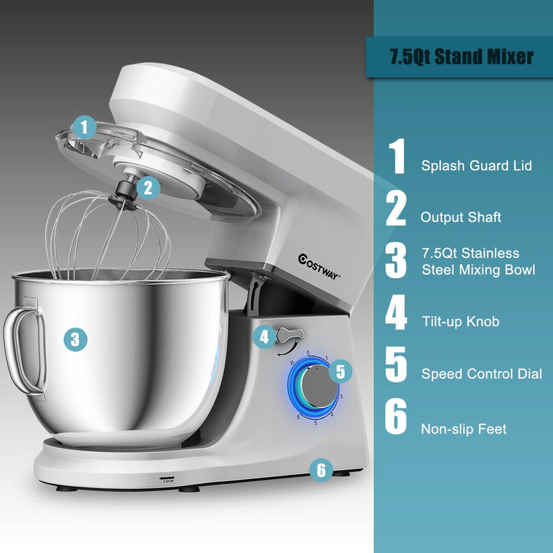 7.5 Qt Tilt-Head Stand Mixer with Dough Hook-Silver