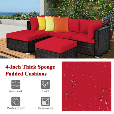 5 Pieces Patio Rattan Sofa Set with Cushion and Ottoman-Red