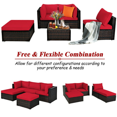 5 Pieces Patio Rattan Sofa Set with Cushion and Ottoman-Red