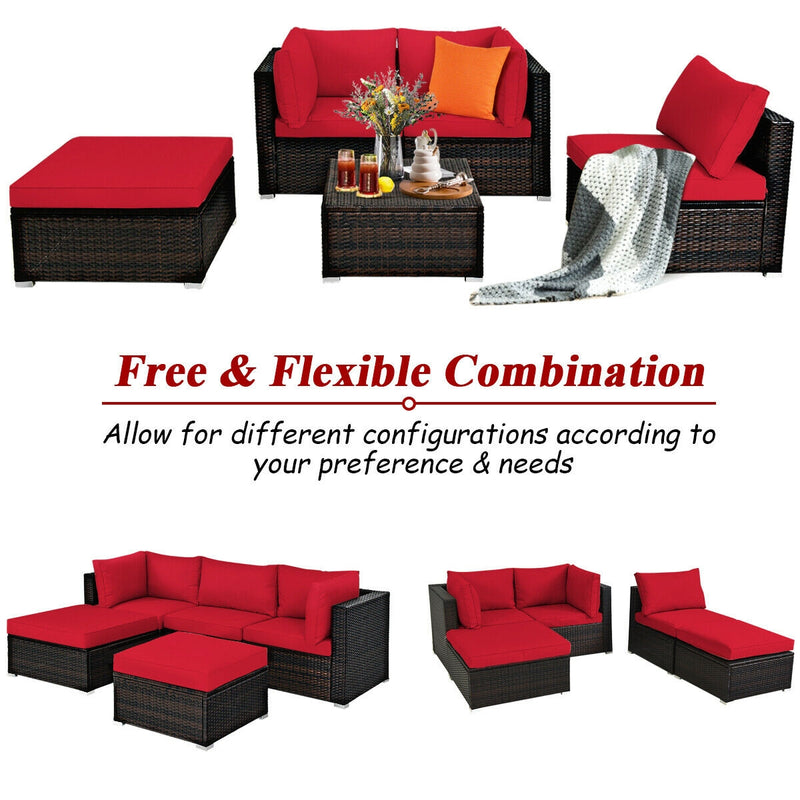 5 Pieces Patio Rattan Sofa Set with Cushion and Ottoman-Red