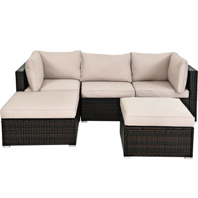 5 Pieces Patio Rattan Sofa Set with Cushion and Ottoman-Beige