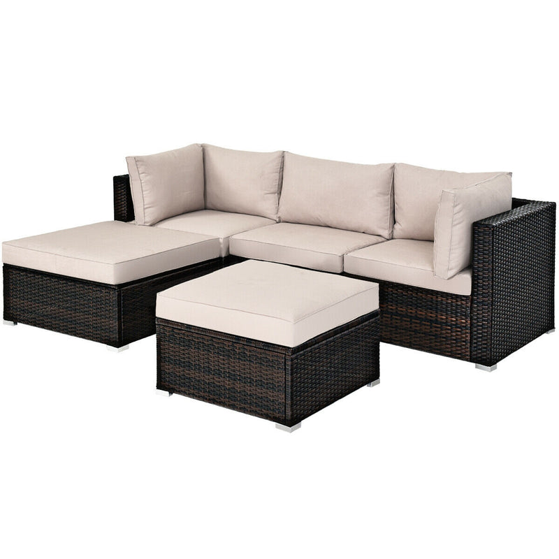 5 Pieces Patio Rattan Sofa Set with Cushion and Ottoman-Beige