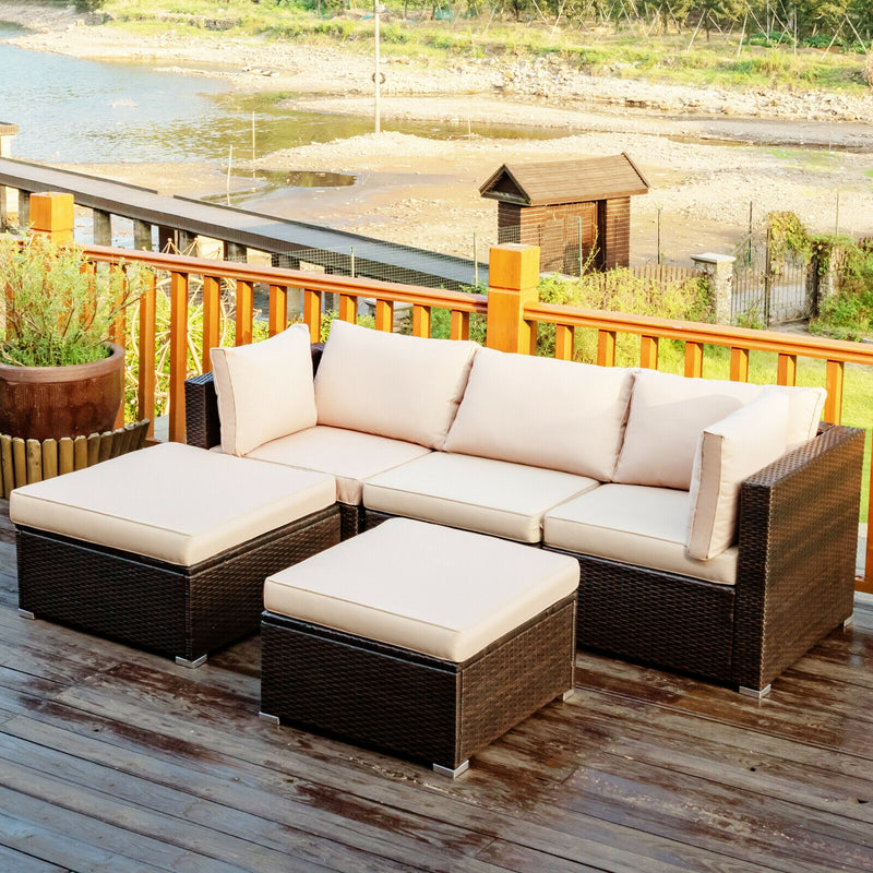 5 Pieces Patio Rattan Sofa Set with Cushion and Ottoman-Beige