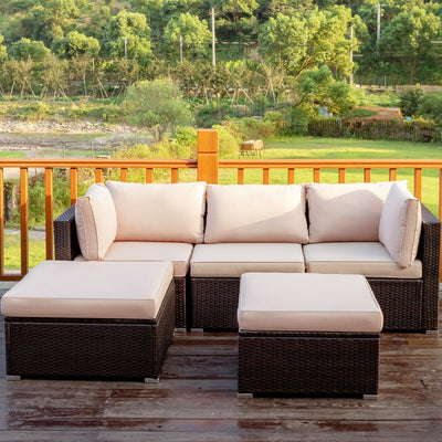 5 Pieces Patio Rattan Sofa Set with Cushion and Ottoman-Beige