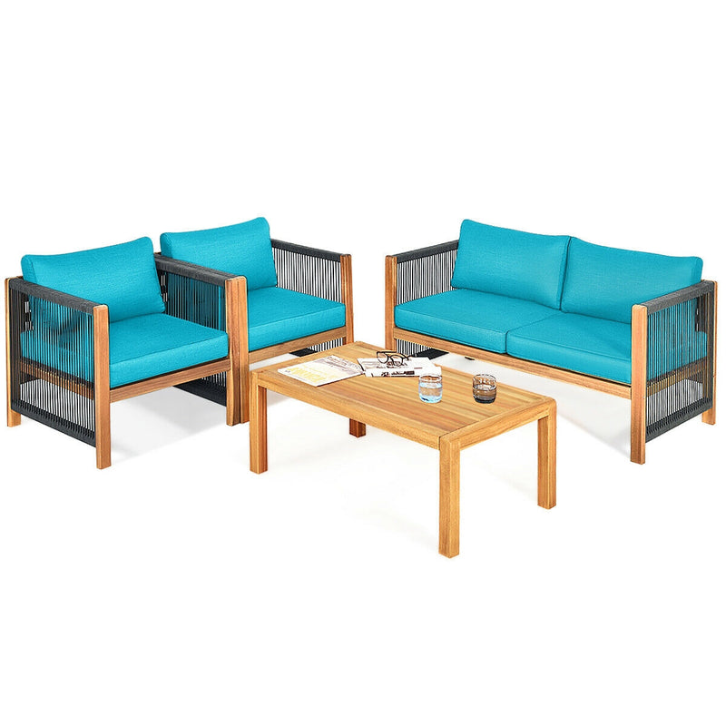 4 Pcs Acacia Wood Outdoor Patio Furniture Set with Cushions-Turquoise