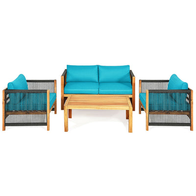 4 Pcs Acacia Wood Outdoor Patio Furniture Set with Cushions-Turquoise