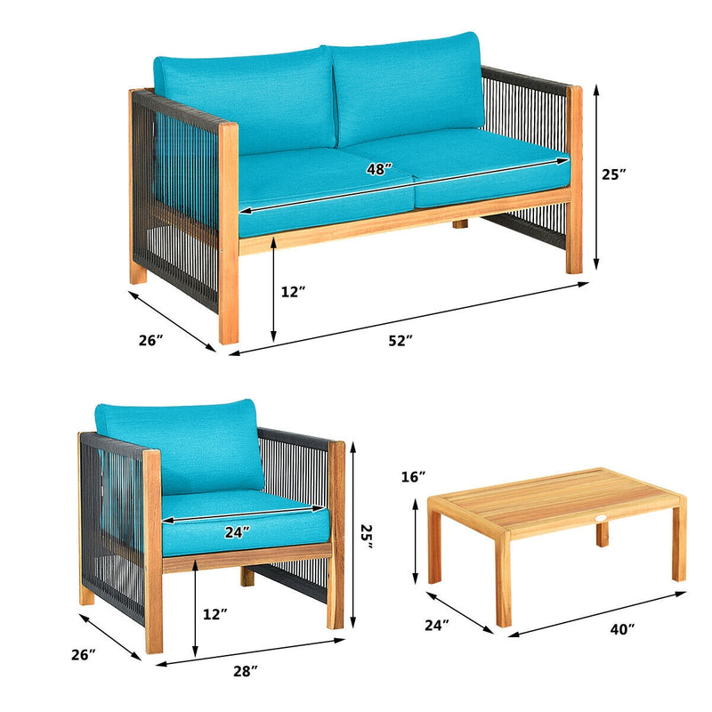 4 Pcs Acacia Wood Outdoor Patio Furniture Set with Cushions-Turquoise