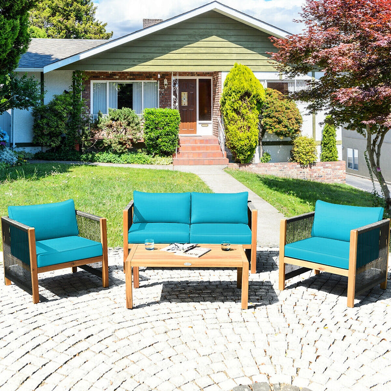 4 Pcs Acacia Wood Outdoor Patio Furniture Set with Cushions-Turquoise