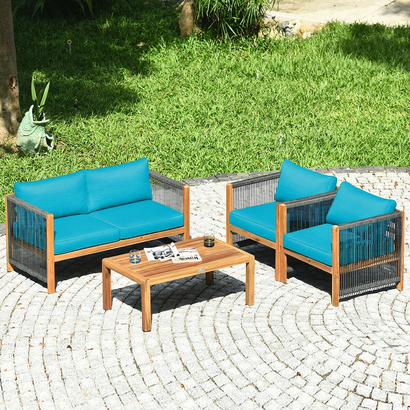 4 Pcs Acacia Wood Outdoor Patio Furniture Set with Cushions-Turquoise