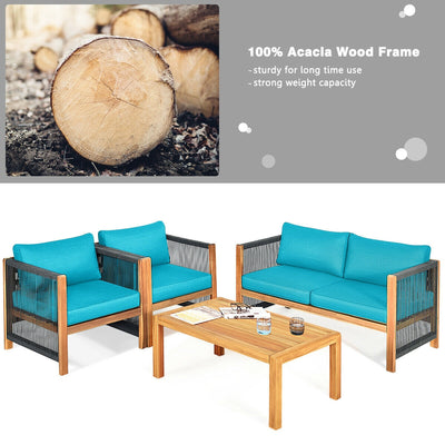 4 Pcs Acacia Wood Outdoor Patio Furniture Set with Cushions-Turquoise