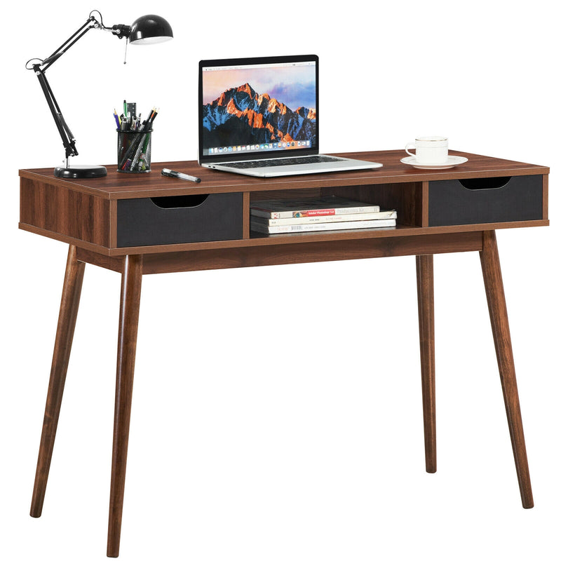 Stylish Computer Desk Workstation with 2 Drawers and Solid Wood Legs-Walnut