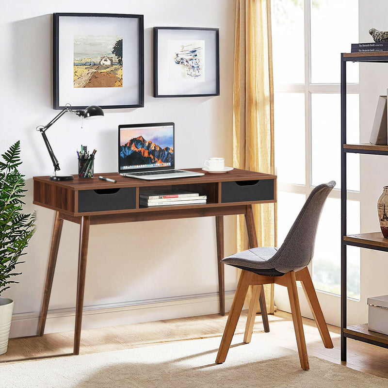 Stylish Computer Desk Workstation with 2 Drawers and Solid Wood Legs-Walnut