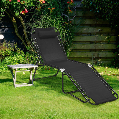 Folding Heightening Design Beach Lounge Chair with Pillow for Patio-Black