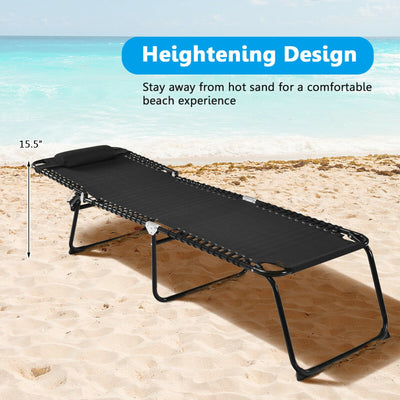 Folding Heightening Design Beach Lounge Chair with Pillow for Patio-Black