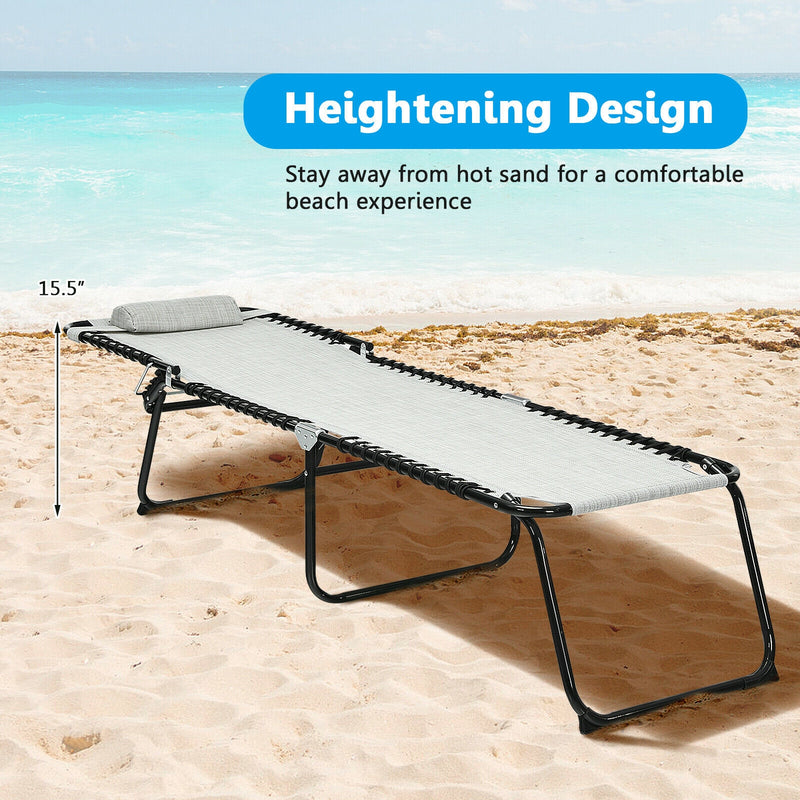 Folding Heightening Design Beach Lounge Chair with Pillow for Patio-Gray