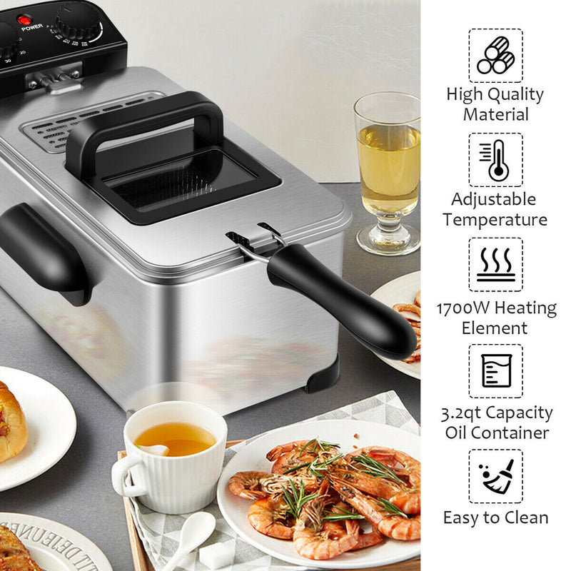 3.2 Quart Electric Stainless Steel Deep Fryer with Timer