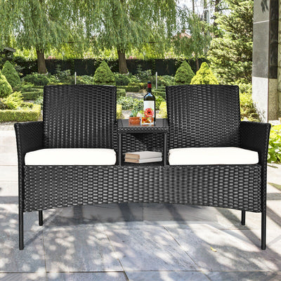 Wicker Patio Conversation Furniture Set with Removable Cushions and Table-White