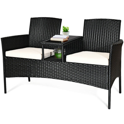 Wicker Patio Conversation Furniture Set with Removable Cushions and Table-White