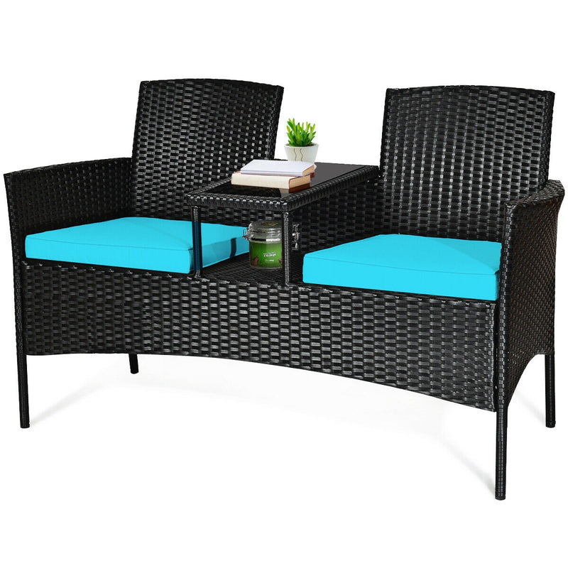 Wicker Patio Conversation Furniture Set with Removable Cushions and Table-Turquoise