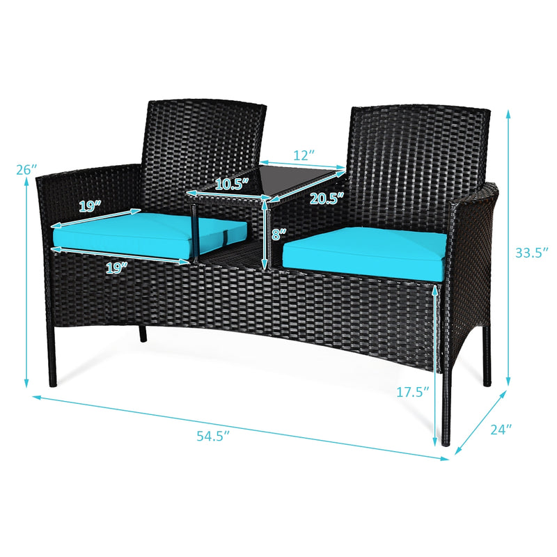 Wicker Patio Conversation Furniture Set with Removable Cushions and Table-Turquoise