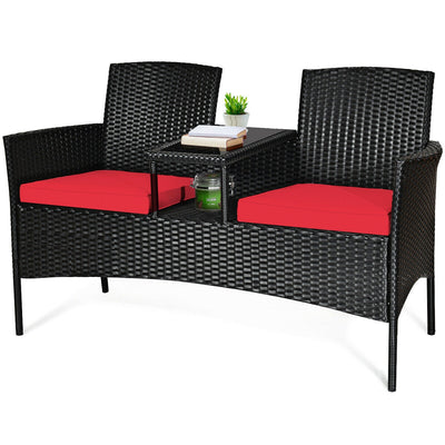 Wicker Patio Conversation Furniture Set with Removable Cushions and Table-Red