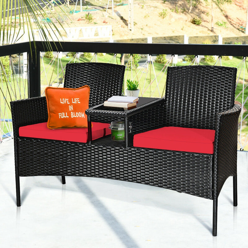 Wicker Patio Conversation Furniture Set with Removable Cushions and Table-Red