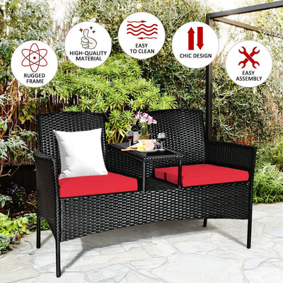 Wicker Patio Conversation Furniture Set with Removable Cushions and Table-Red