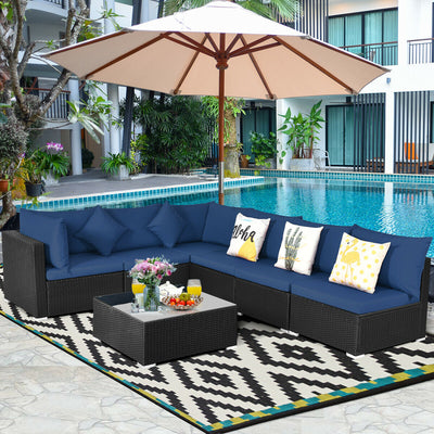 7 Pieces Outdoor Wicker Patio Sofa Set with 2 Pillows and Cushions-Navy