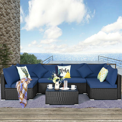 7 Pieces Outdoor Wicker Patio Sofa Set with 2 Pillows and Cushions-Navy