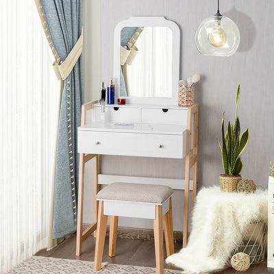 Vanity Table Set with Cushioned Stool and Large Mirror