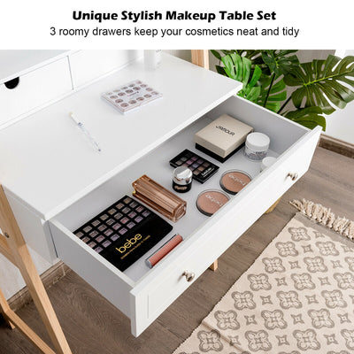 Vanity Table Set with Cushioned Stool and Large Mirror