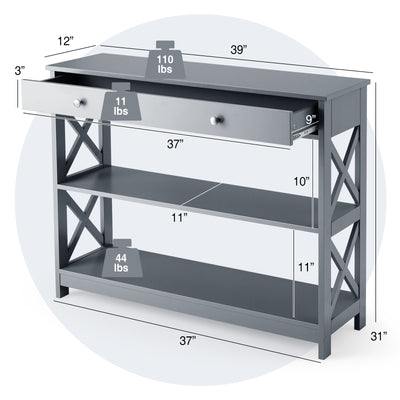 Console Table 3-Tier with Drawer and Storage Shelves-Gray