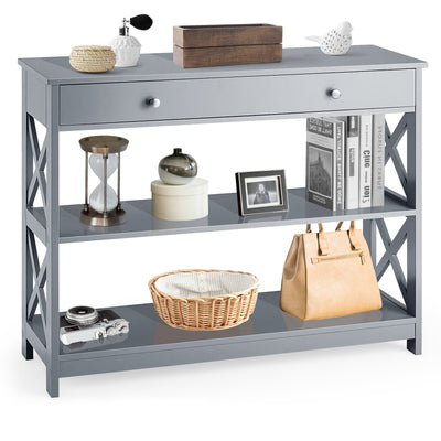 Console Table 3-Tier with Drawer and Storage Shelves-Gray