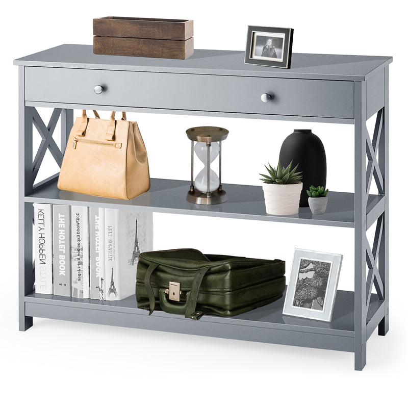 Console Table 3-Tier with Drawer and Storage Shelves-Gray