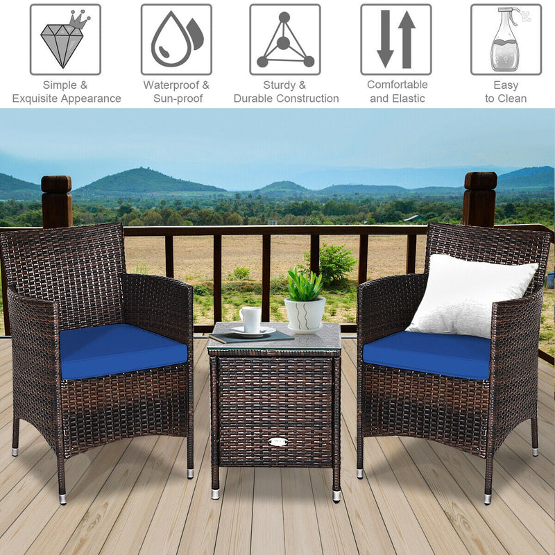 3 Pcs Patio Furniture Set Outdoor Wicker Rattan Set-Navy