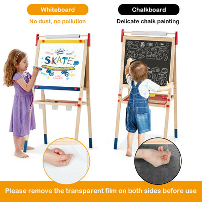 All-in-One Wooden Height Adjustable Kid's Art Easel with Magnetic Stickers and Paper