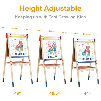 All-in-One Wooden Height Adjustable Kid's Art Easel with Magnetic Stickers and Paper