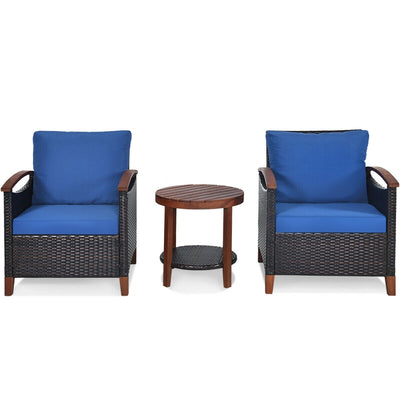 3 Pcs Solid Wood Frame Patio Rattan Furniture Set-Blue