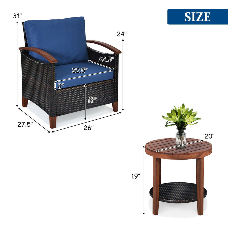 3 Pcs Solid Wood Frame Patio Rattan Furniture Set-Blue