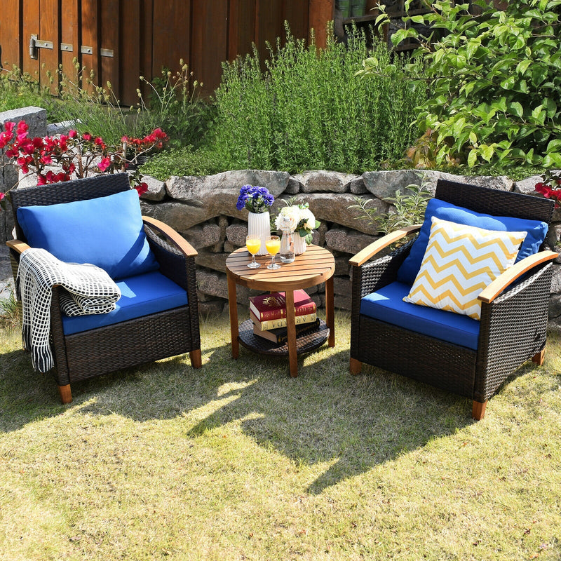 3 Pcs Solid Wood Frame Patio Rattan Furniture Set-Blue