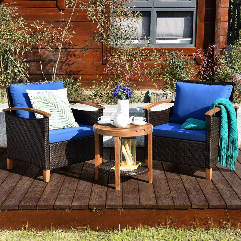 3 Pcs Solid Wood Frame Patio Rattan Furniture Set-Blue